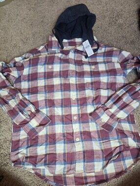 American Eagle Men's Medium Hooded Plaid Flannel Shirt Maroon NWT